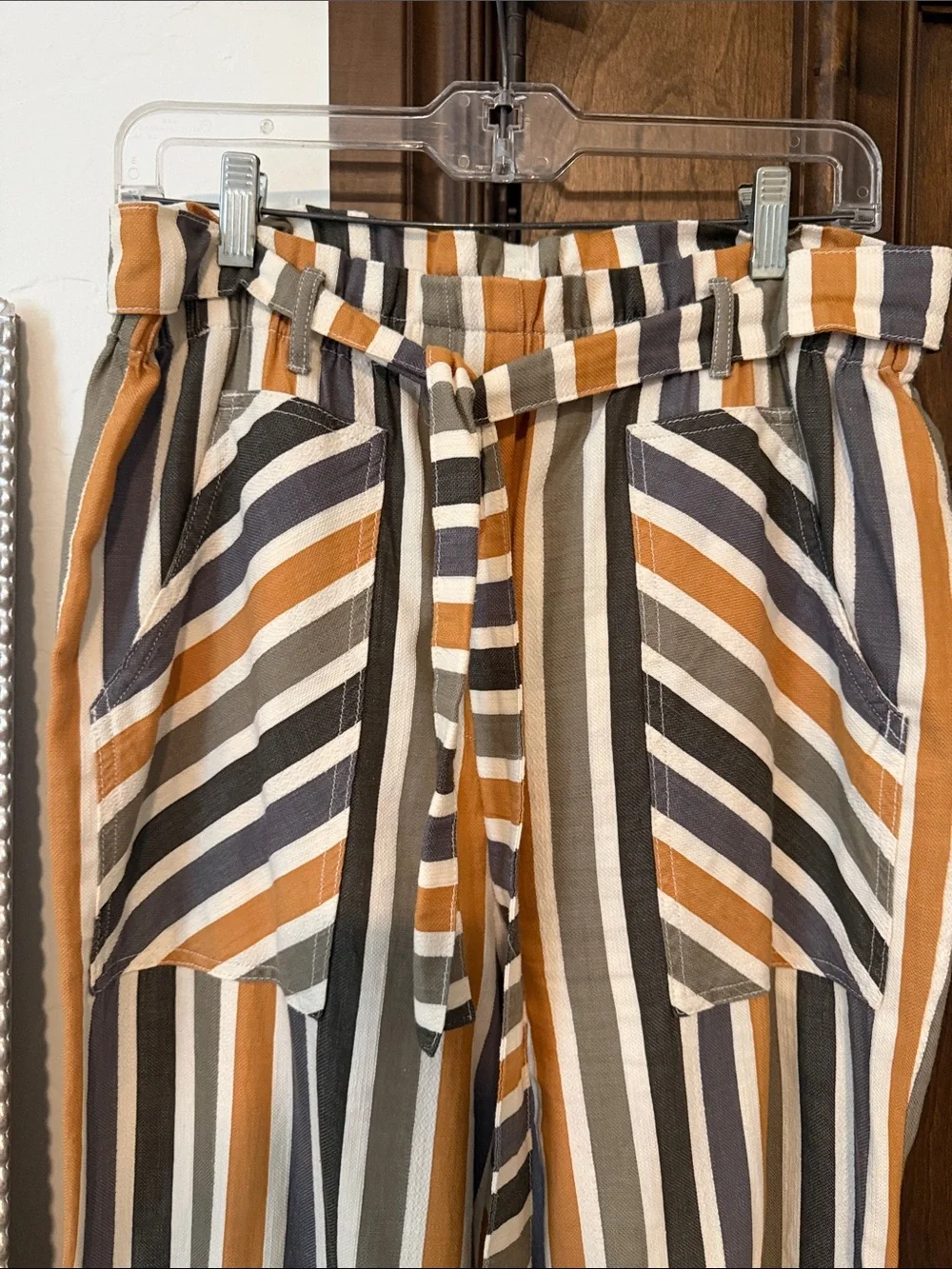 Striped High-Waist Pants in Mustard, Gray & White